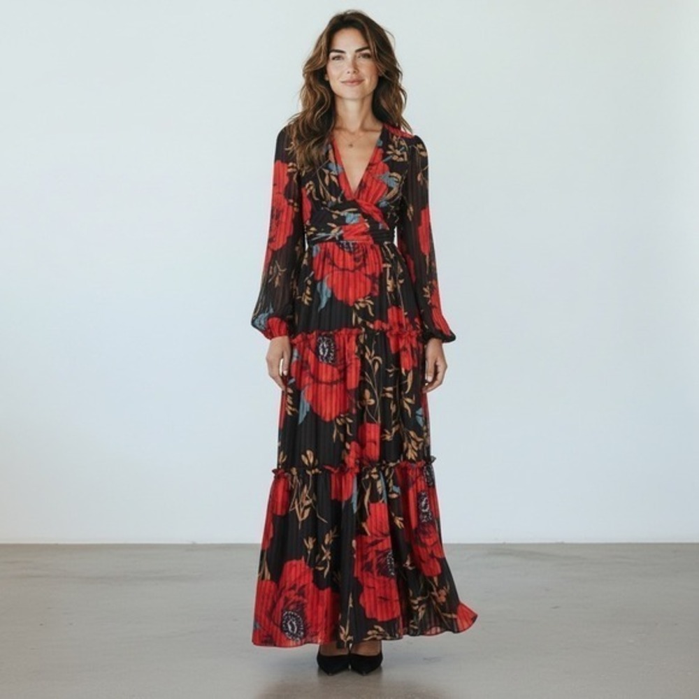 LINI Kristin Tiered Red‎ Black & Green Floral Long Sleeve Maxi Dress